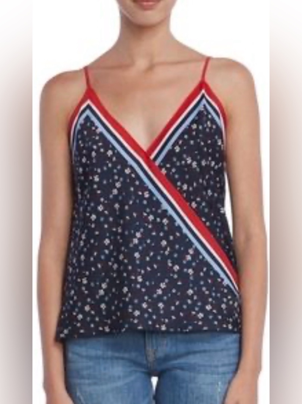 NWOT XS Bailey 44 Navy Floral Wrap-Front Cami with Red Trim